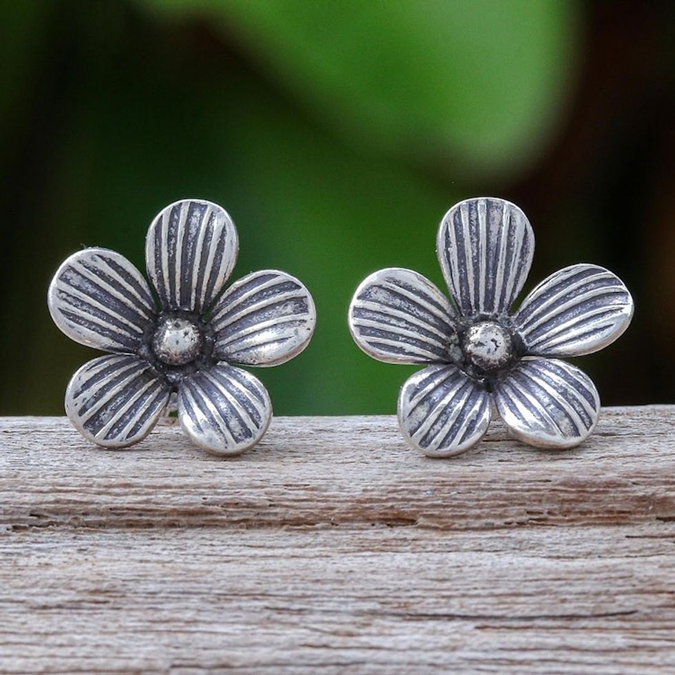 Karen Silver Floral-Motif Button Earrings 'Striped Garden'