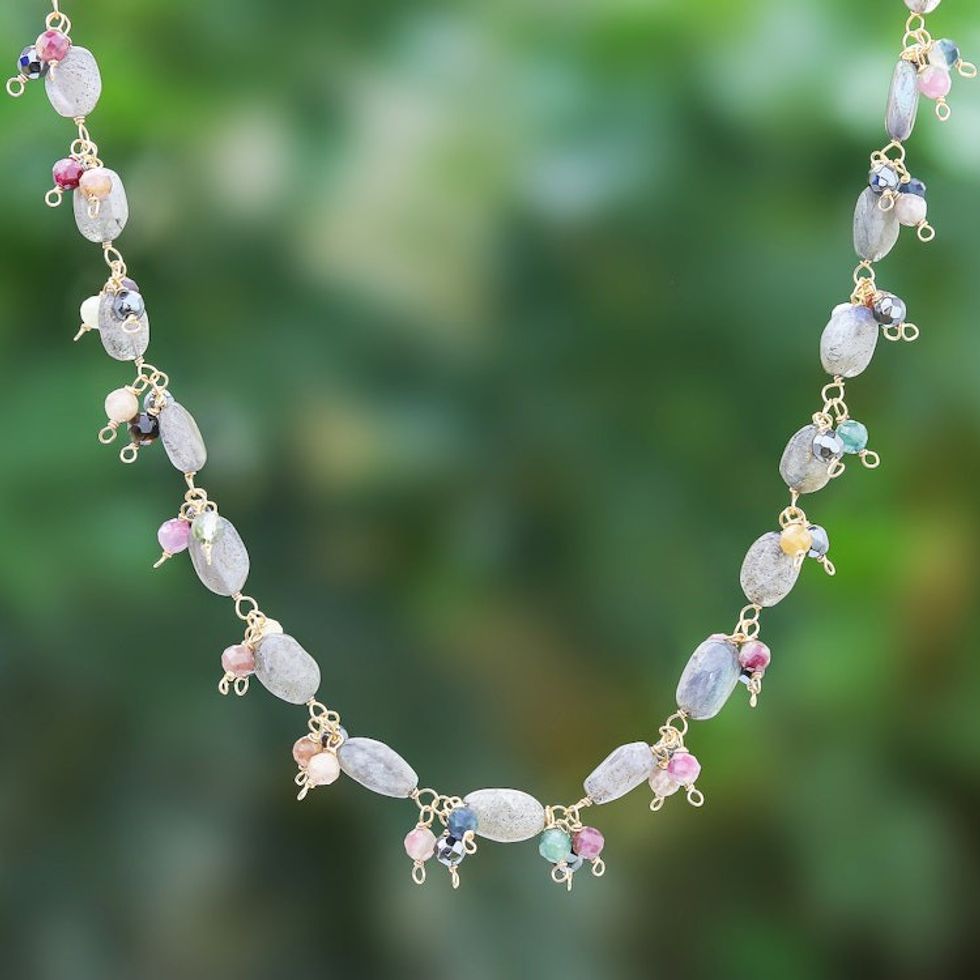 Gold Plated Necklace with Gemstone Beads 'Sunset Mood in Grey'