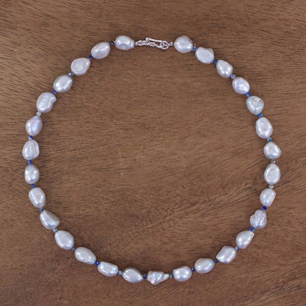 Cultured Freshwater Pearl and Lapis Lazuli Beaded Necklace 'Sea Journey in Blue'