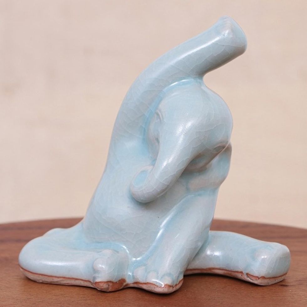 Hand Crafted Ceramic Elephant Yoga-Themed Figurine 'Head to Knee'