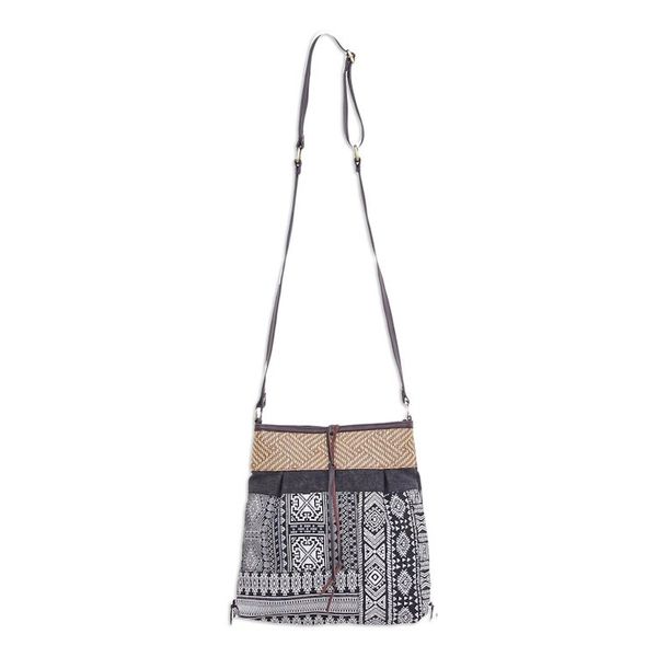 Alternate image for Thai Black and White Cotton Blend Sling Bag Intermission in Black