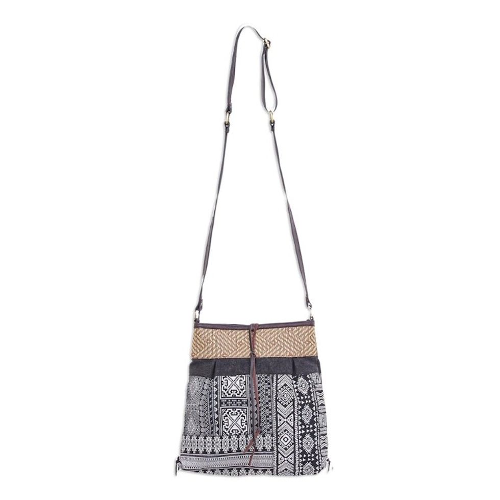Thai Black and White Cotton Blend Sling Bag 'Intermission in Black'