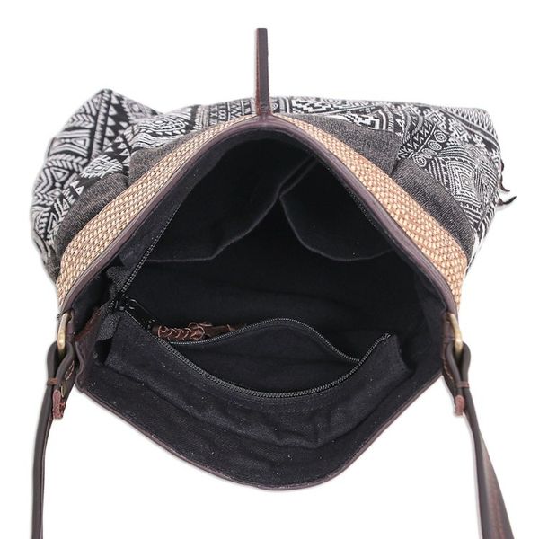 Alternate image for Thai Black and White Cotton Blend Sling Bag Intermission in Black