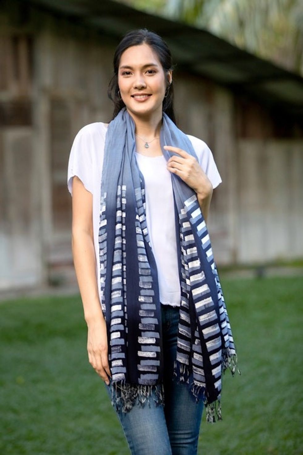 Hand-Dyed Batik Cotton Blend Shawl 'Azure Love'