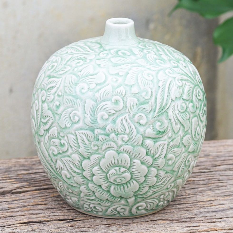 Hand Made Celadon Ceramic Floral-Themed Vase 'Favorite Flower'