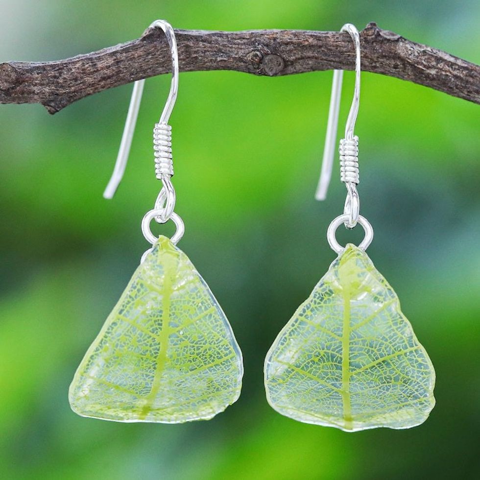 Sterling Silver and Green Rubber Tree Leaf Earrings 'Earthly Delight in Green'