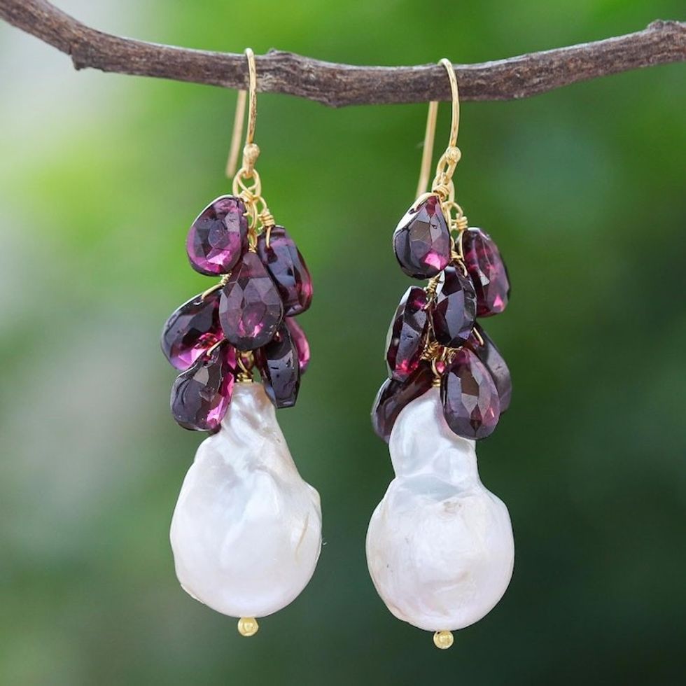 Gold-Accented Garnet and Pearl Dangle Earrings 'Clouded in Red'