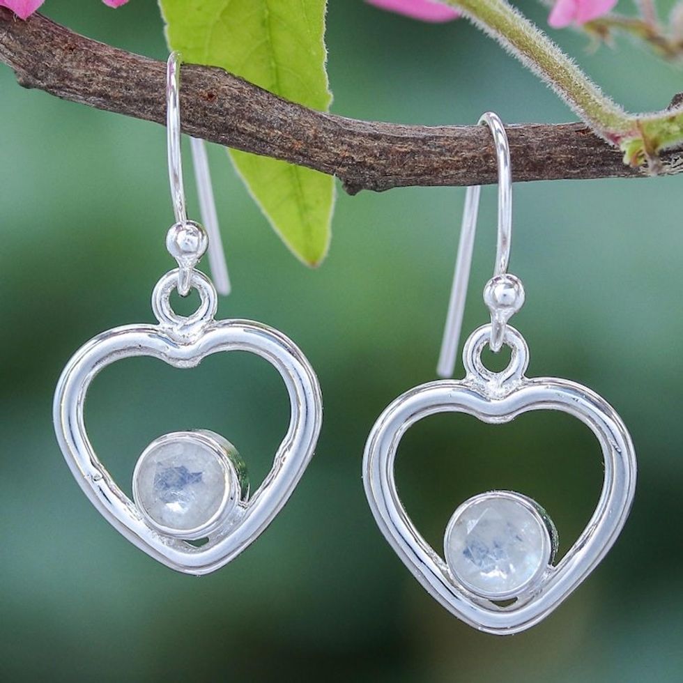 Rainbow Moonstone Dangle Earrings with Heart Motif 'Earnest Offer in Blue Flash'