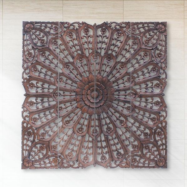 Alternate image for Hand Carved Teak Wood Relief Panels Set of 4 Modern Lotus