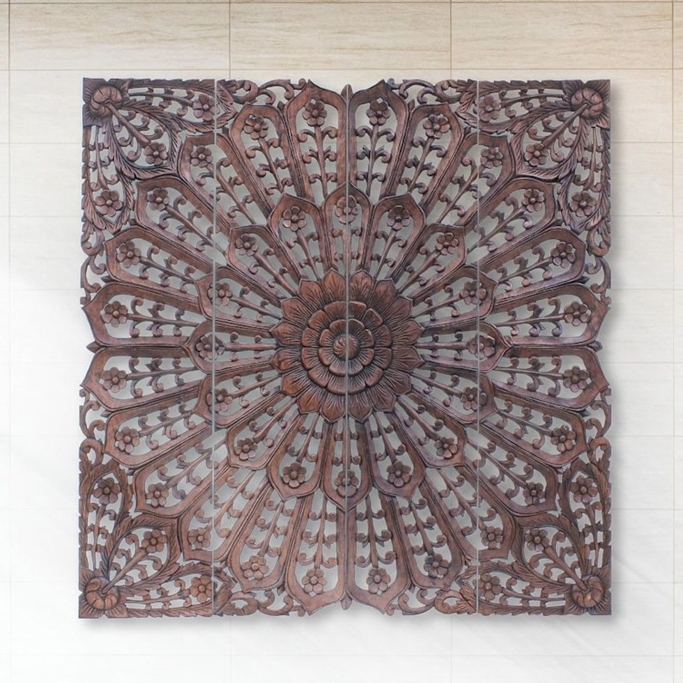 Hand Carved Teak Wood Relief Panels Set of 4 'Modern Lotus'