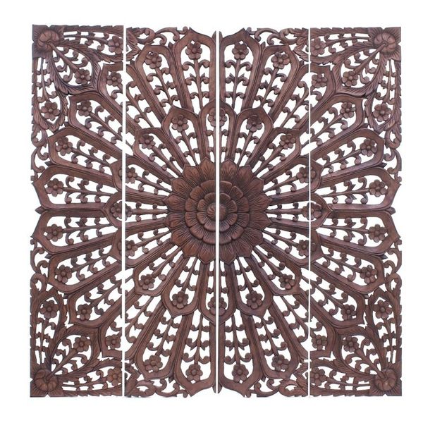 Alternate image for Hand Carved Teak Wood Relief Panels Set of 4 Modern Lotus