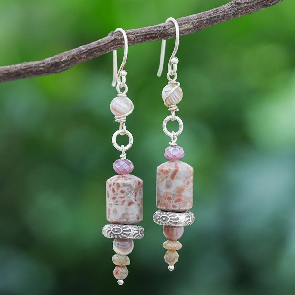 Hand Crafted Jasper and Agate Dangle Earrings 'Daily Walk'