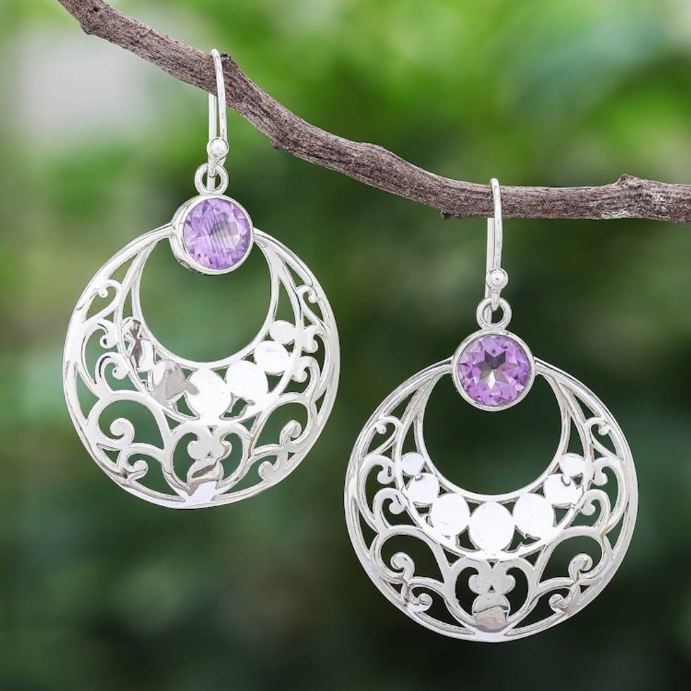 Sterling Silver Crescent. Dangle Earrings with Amethysts 'Waxing Moon in Violet'