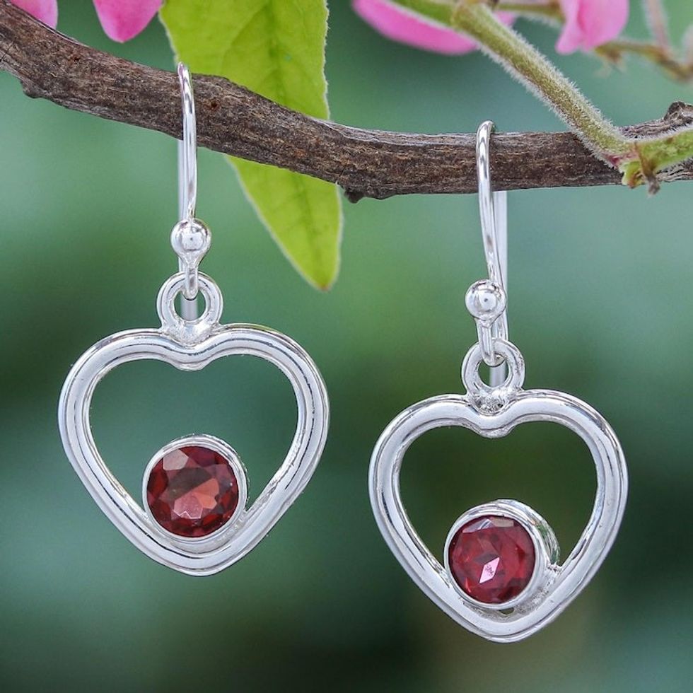 Thai Garnet Dangle Earrings with Heart Motif 'Earnest Offer in Red'
