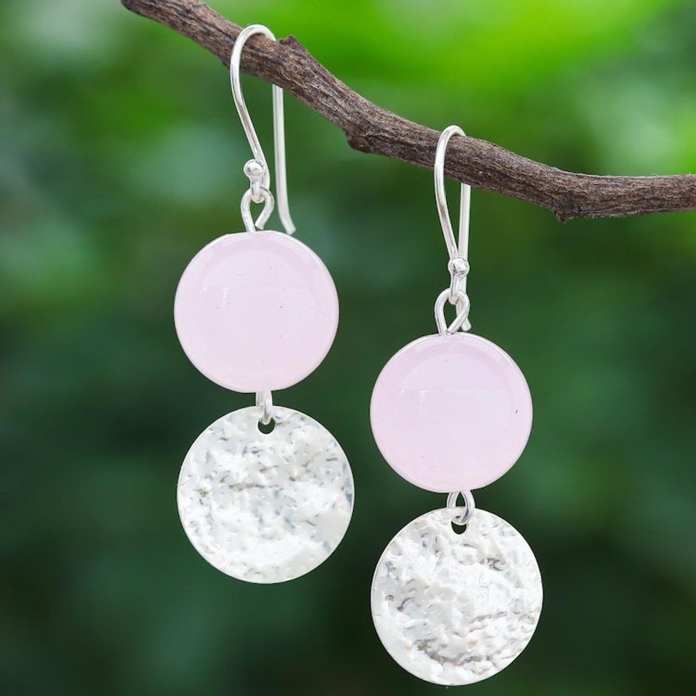 Hand Crafted Rose Quartz and Sterling Silver Dangle Earrings 'Shining Moon in Pink'
