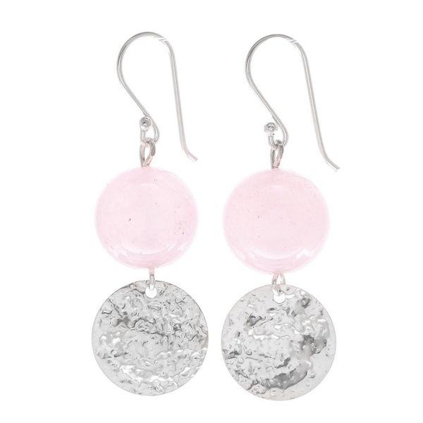 Alternate image for Hand Crafted Rose Quartz and Sterling Silver Dangle Earrings Shining Moon in Pink
