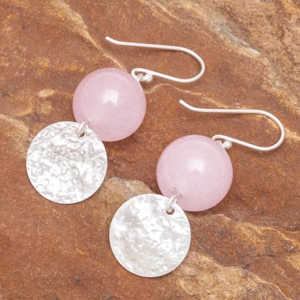 Alternate image for Hand Crafted Rose Quartz and Sterling Silver Dangle Earrings Shining Moon in Pink
