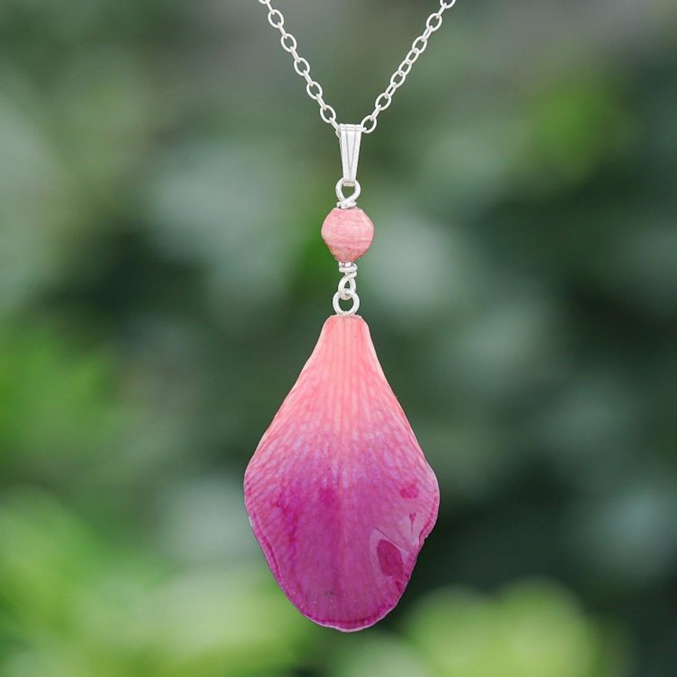 Resin-Coated Orchid Petal Pendant Necklace 'Bloom Basket in Fuchsia'