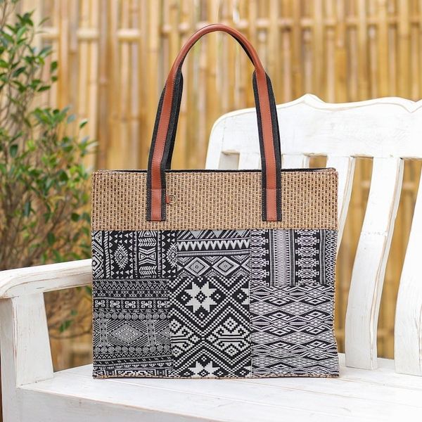 Alternate image for Leather-Accented Patchwork Tote Bag Chill Night in Black