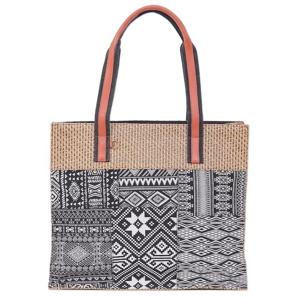 Alternate image for Leather-Accented Patchwork Tote Bag Chill Night in Black
