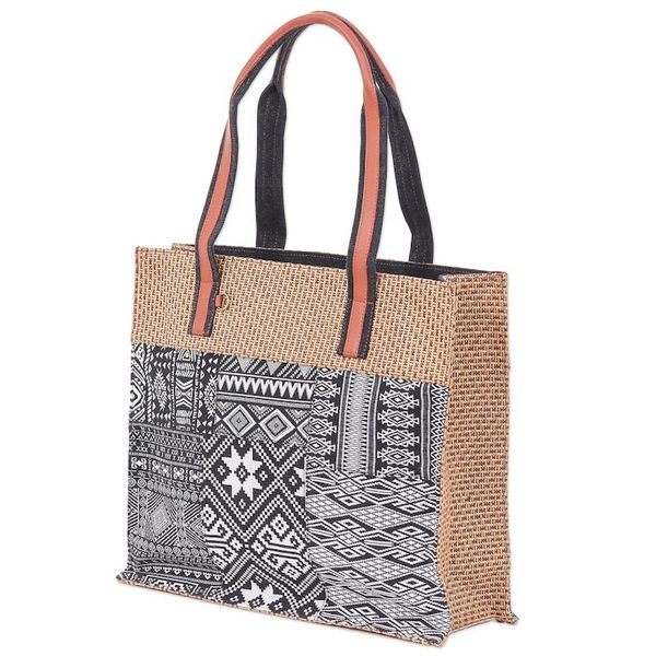 Alternate image for Leather-Accented Patchwork Tote Bag Chill Night in Black
