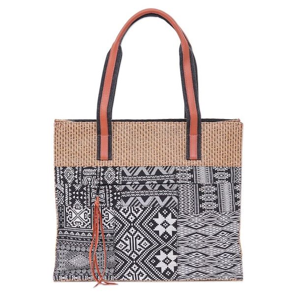 Alternate image for Leather-Accented Patchwork Tote Bag Chill Night in Black
