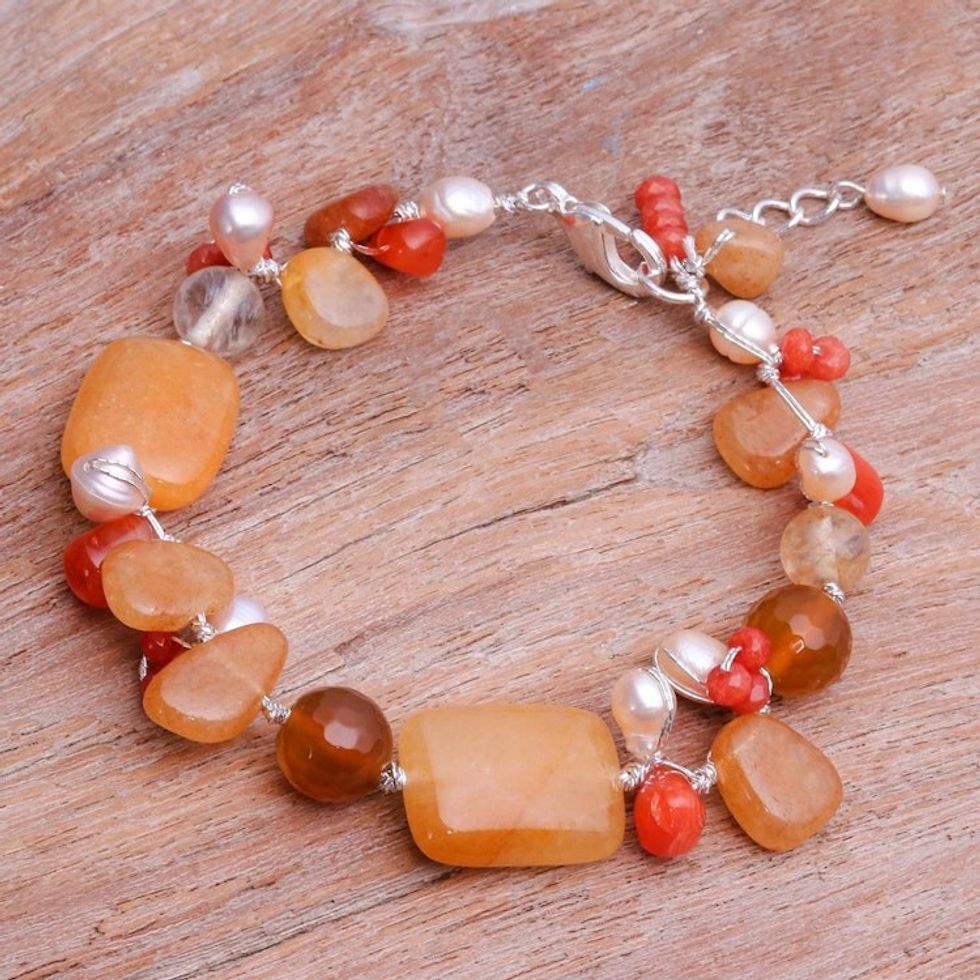 Aventurine and Freshwater Pearl Beaded Bracelet 'Warm Love'