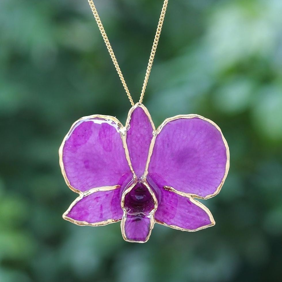 Gold-Plated Fuchsia Orchid Petal Pendant Necklace and Brooch 'Orchid Magic in Fuchsia'