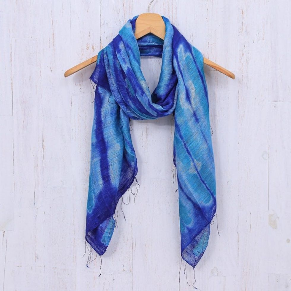 Batik Printed Blue Silk Scarf 'Summer Ocean'