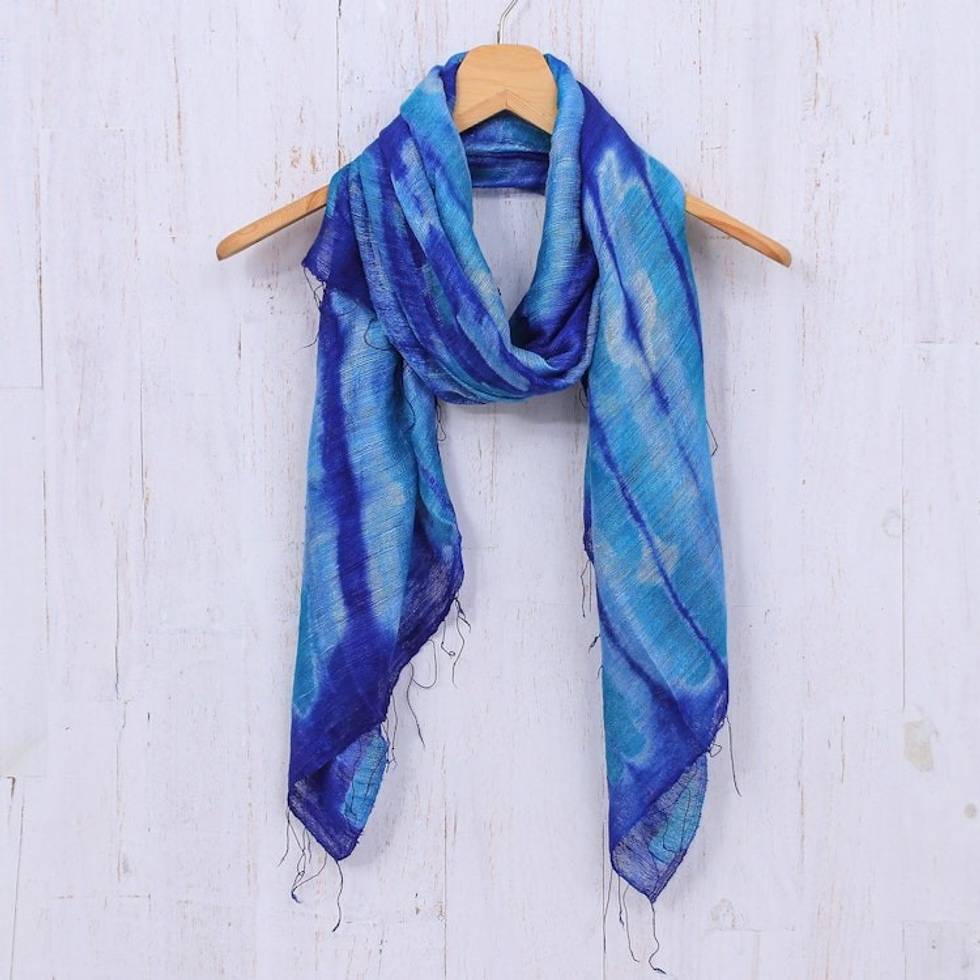 Batik Printed Blue Silk Scarf 'Summer Ocean'