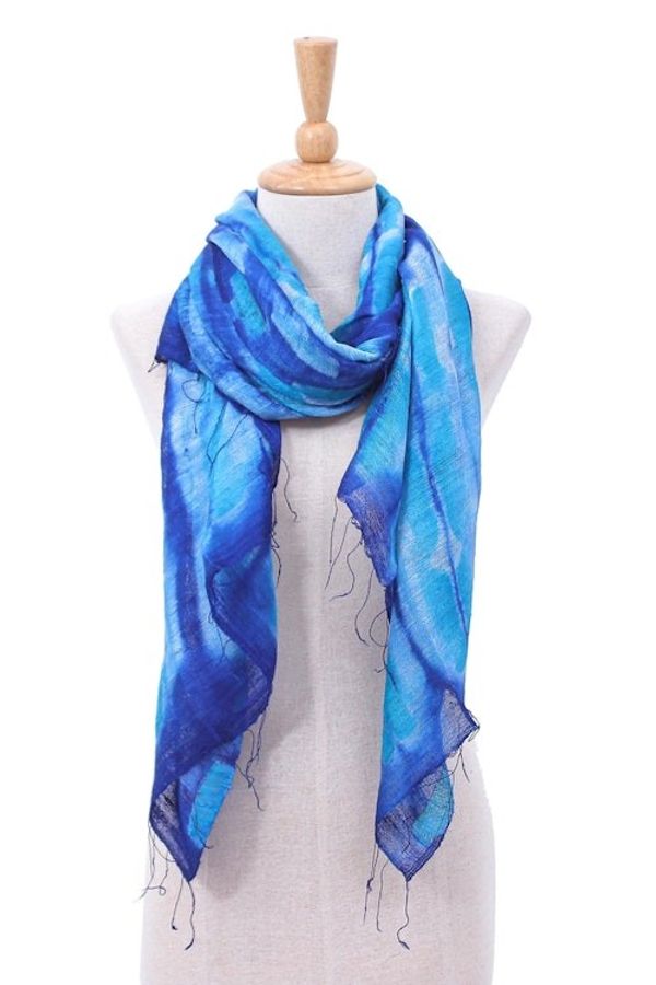 Alternate image for Batik Printed Blue Silk Scarf Summer Ocean