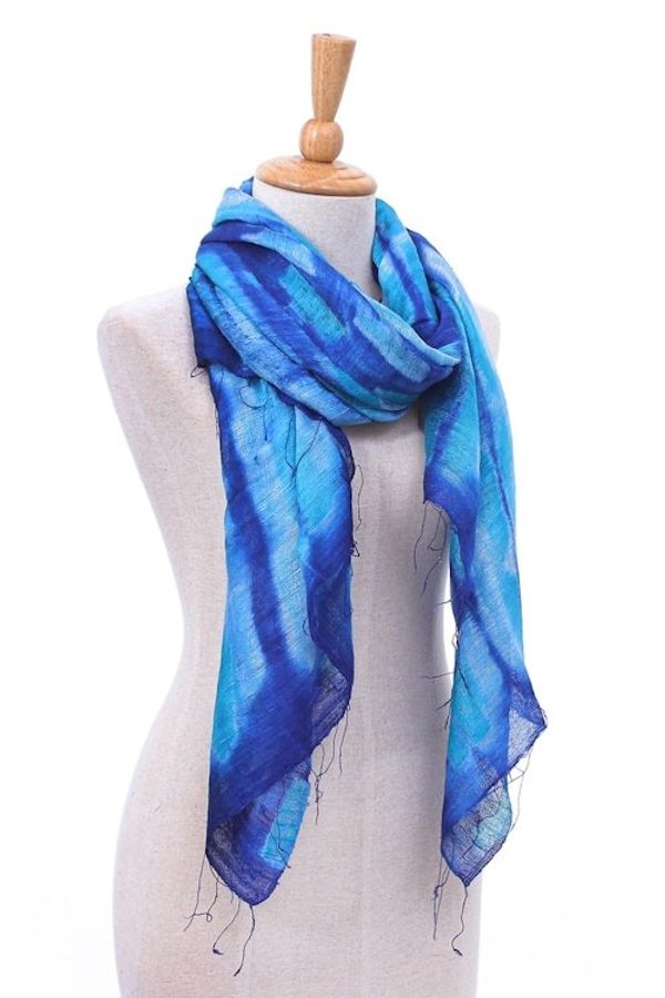 Alternate image for Batik Printed Blue Silk Scarf Summer Ocean