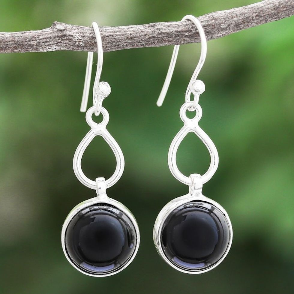 Black Onyx Cabochon Dangle Earrings 'Stars at Night'