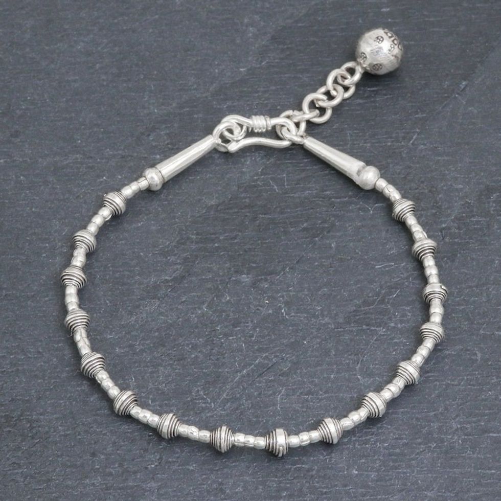 Silver Link Bracelet with Extender Chain from Thailand 'Flower Ball'