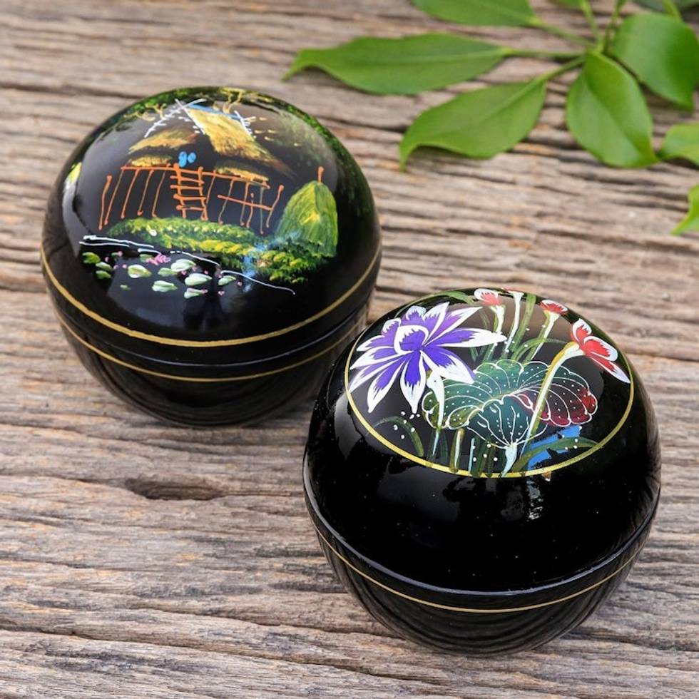 Hand-Painted Thai Lacquerware Boxes Pair 'Countryside Scenes'
