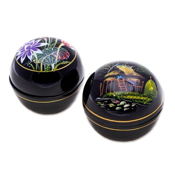 Alternate image for Hand-Painted Thai Lacquerware Boxes Pair Countryside Scenes