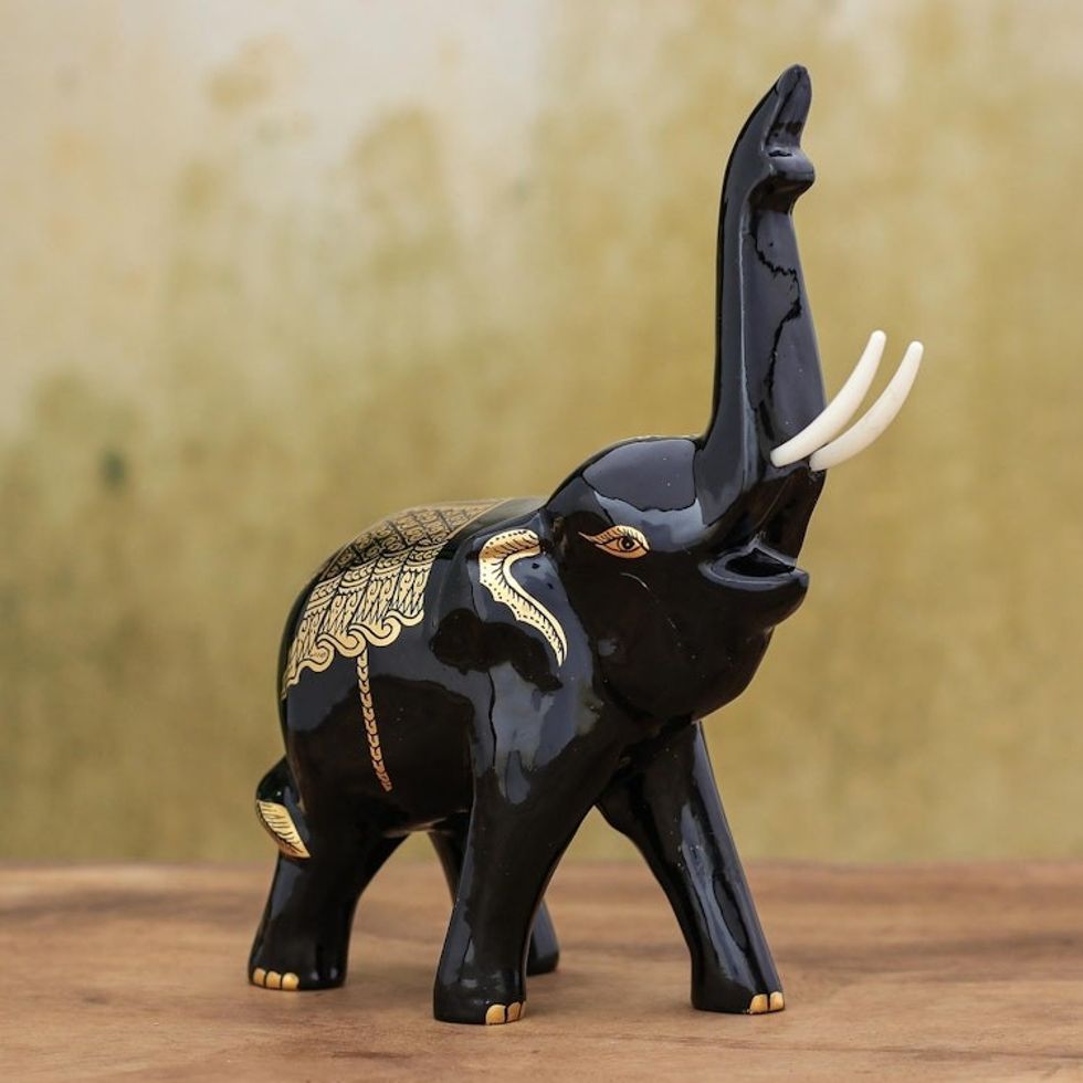 Thai Elephant Sculpture with Gold Foil Accents 'Treasured Trumpeter'