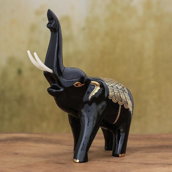 Alternate image for Thai Elephant Sculpture with Gold Foil Accents Treasured Trumpeter
