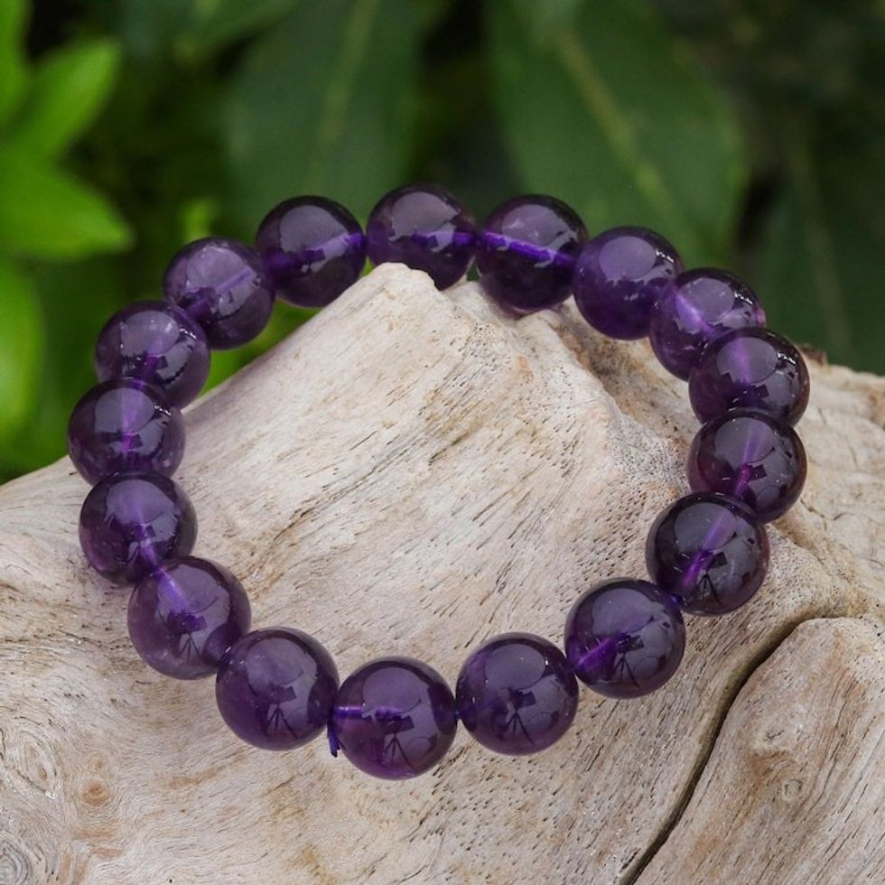 Hand Crafted Amethyst Beaded Stretch Bracelet 'Sugar Pill in Berry'