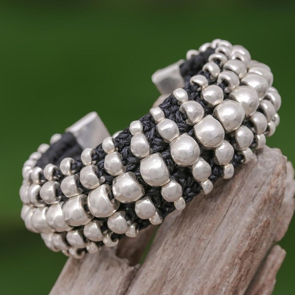 Black Cord Bracelet with 950 SIlver Beads 'Black Karen'
