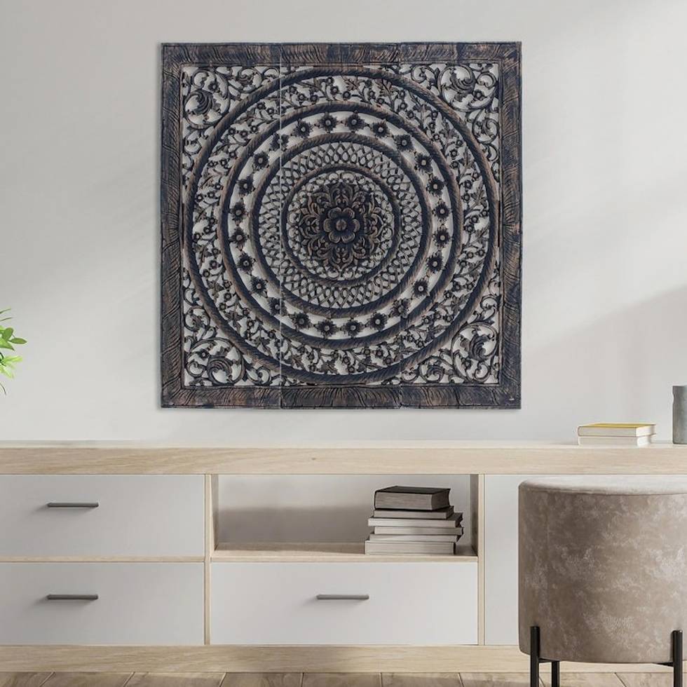 Eco-Friendly Teak Wood Relief Panels Set of 3 'Flower Art'