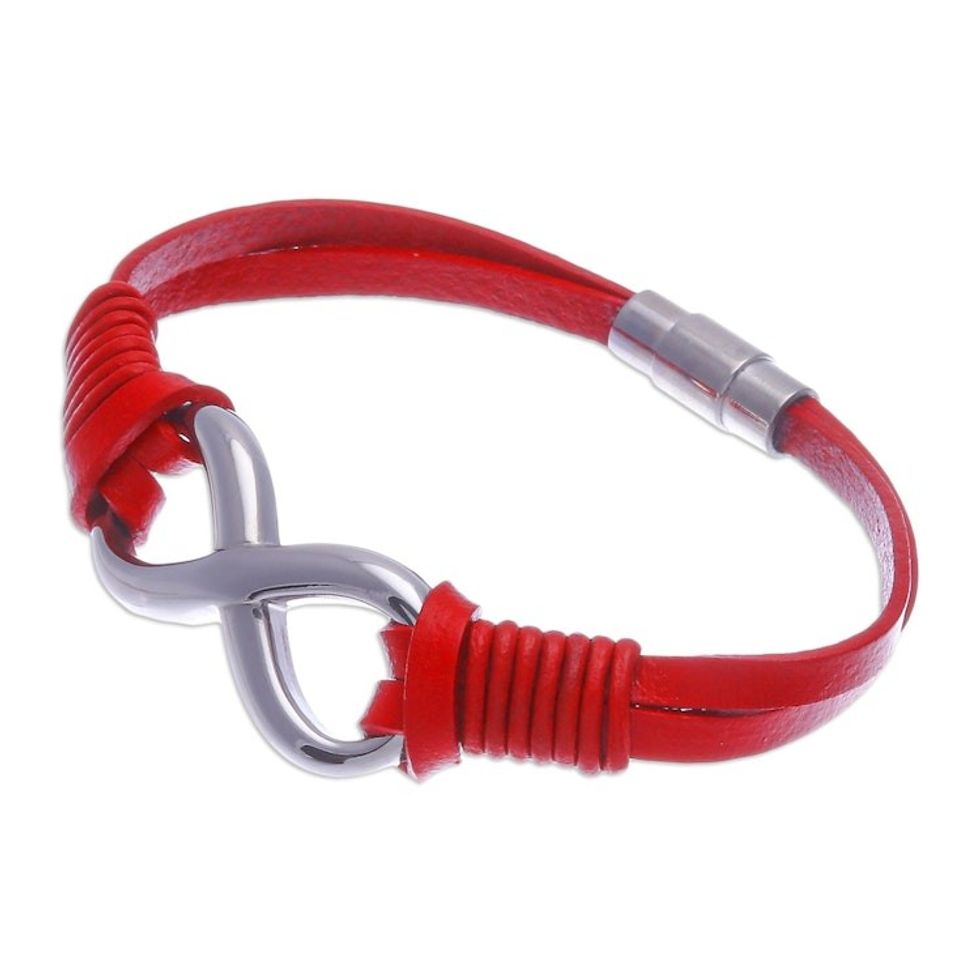 Red Leather Unisex Pendant Bracelet 'Cool Infinity in Red'