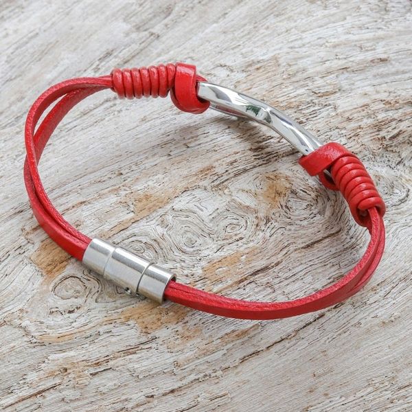 Alternate image for Red Leather Unisex Pendant Bracelet Cool Infinity in Red