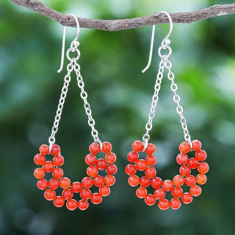 Hand Crafted Thai Carnelian Dangle Earrings 'Jolly Morning in Orange'