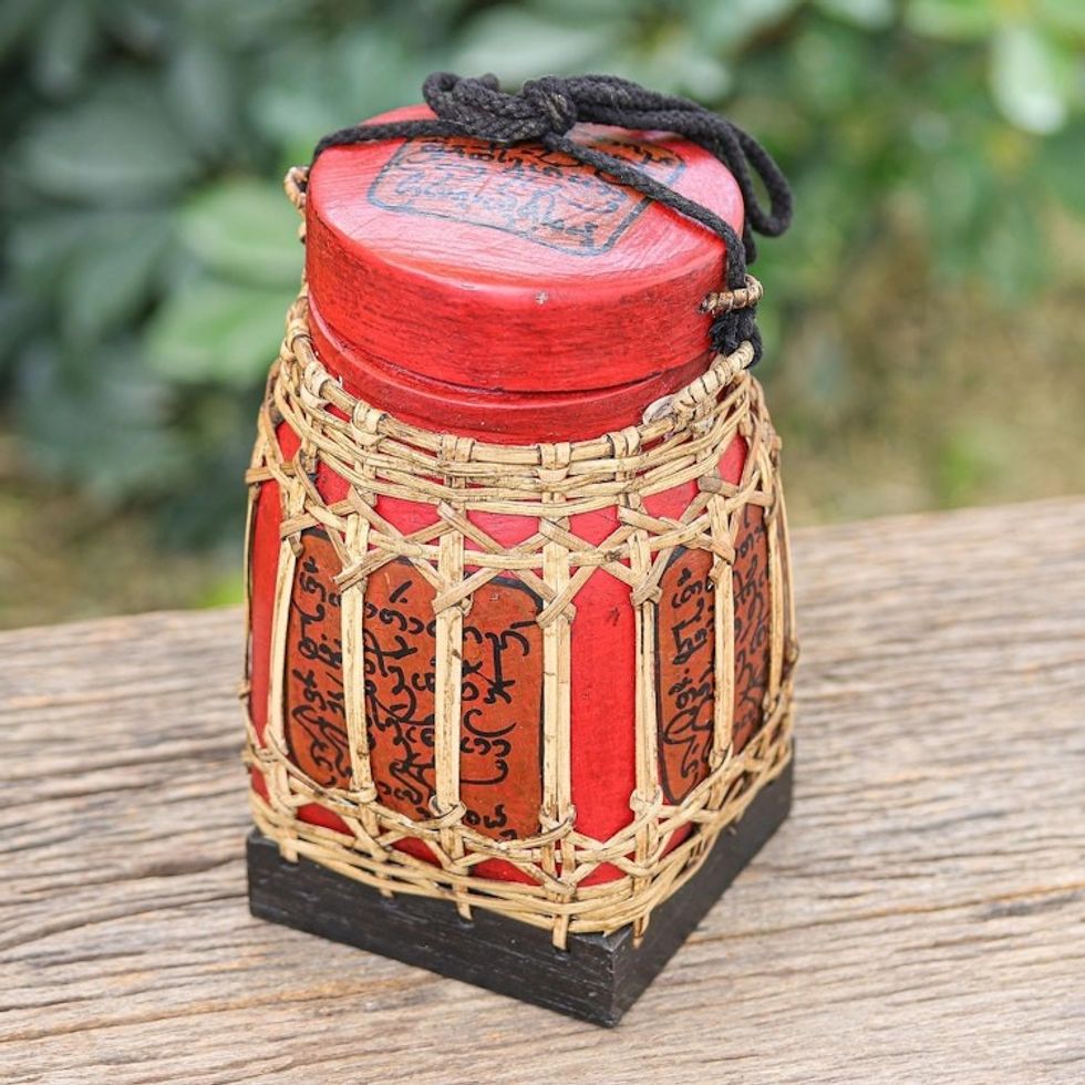 Hand Made Decorative Bamboo and Wood Jar 'Lanna Letter in Medium''