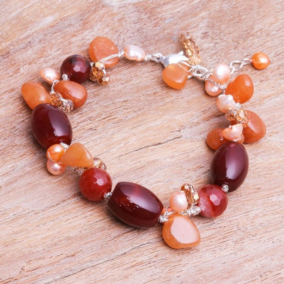Carnelian and Freshwater Pearl Beaded Bracelet 'Sunset Beach'