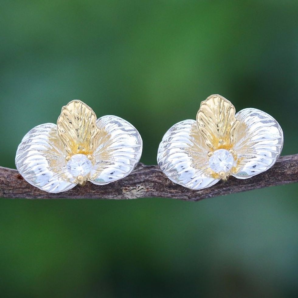 Gold-Accented Button Earrings with Orchid Motif 'Orchid Hunt'