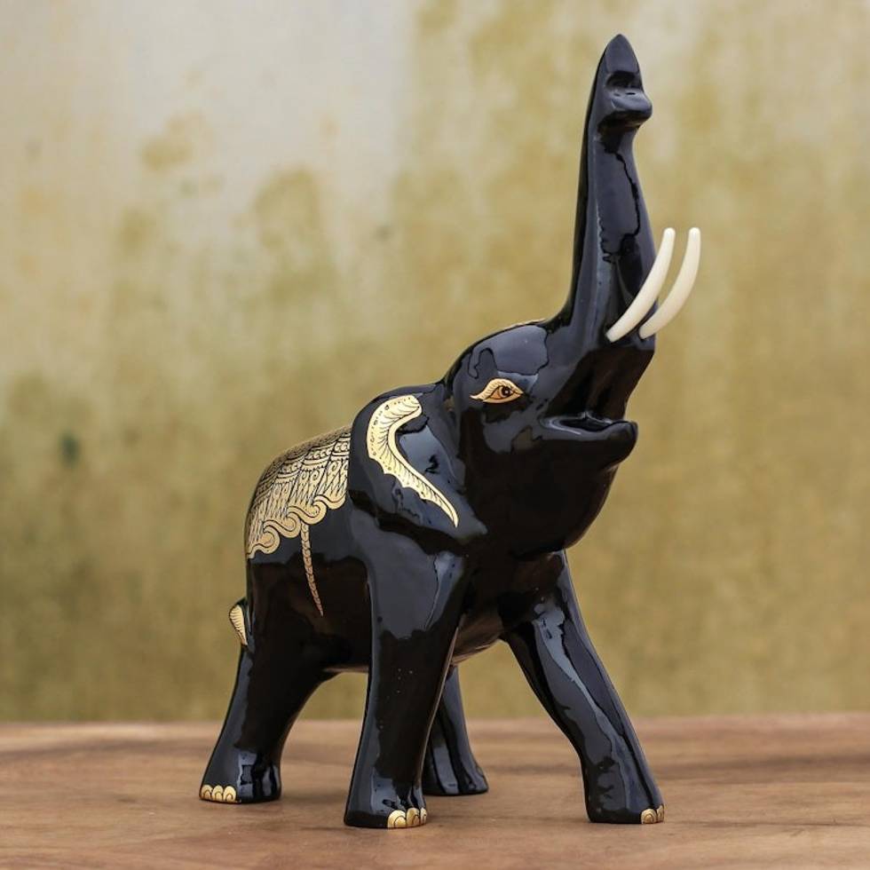 Thai Lacquerware Sculpture with Gold Foil Accents 'Sound the Alarm'