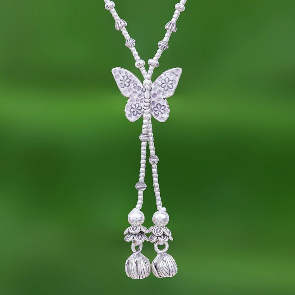 950 Silver Butterfly Pendant Lariat Necklace 'Butterfly Passion'