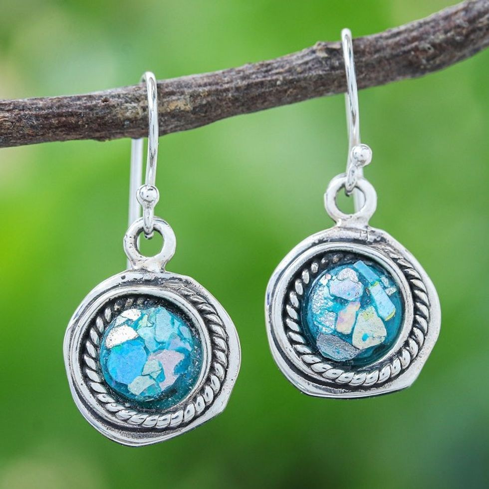 Hand Crafted Roman Glass Dangle Earrings 'Glacier Bay'